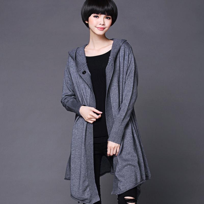 2015 New Fashion Autumn Winter Women's Casual Long-sleeve Knitted Sweater Outerwear Medium-long Hooded Cardigan Y0907-140D