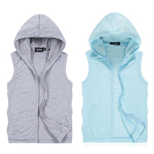 Summer Men Tank Tops Solid Cotton Men’s Cotton Hooded Vest Casual Sleeveless Cardigan Vest Fitness Vest