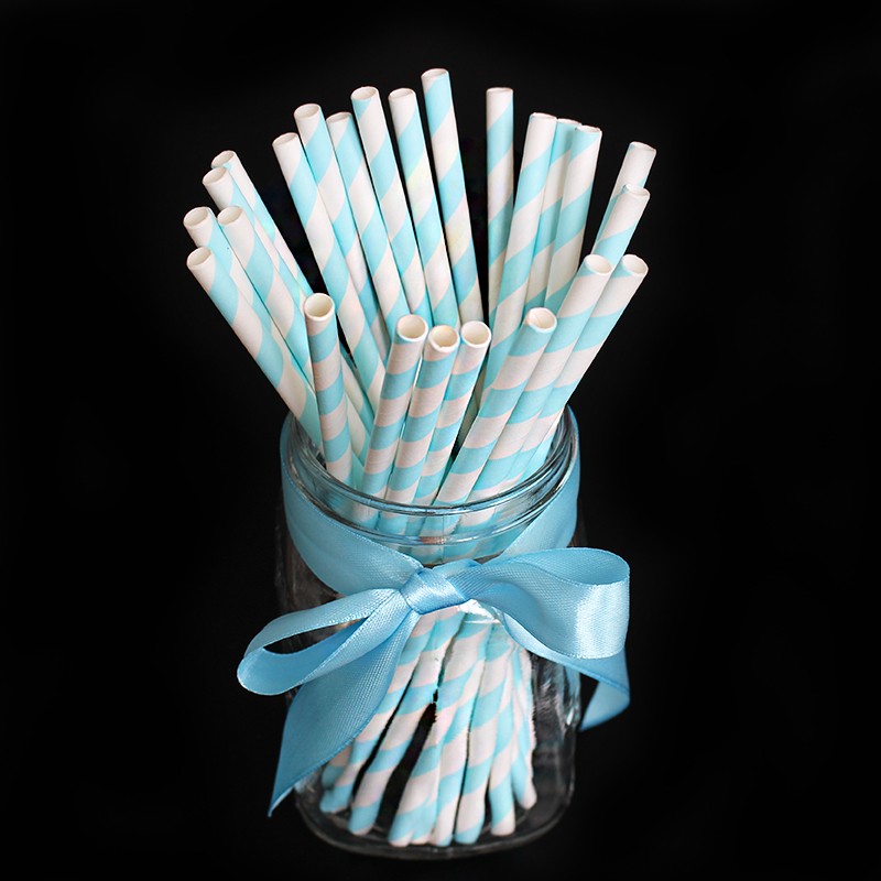 25pcs Skyblue Stripe Design Paper Drinking Straws Wedding Decoration