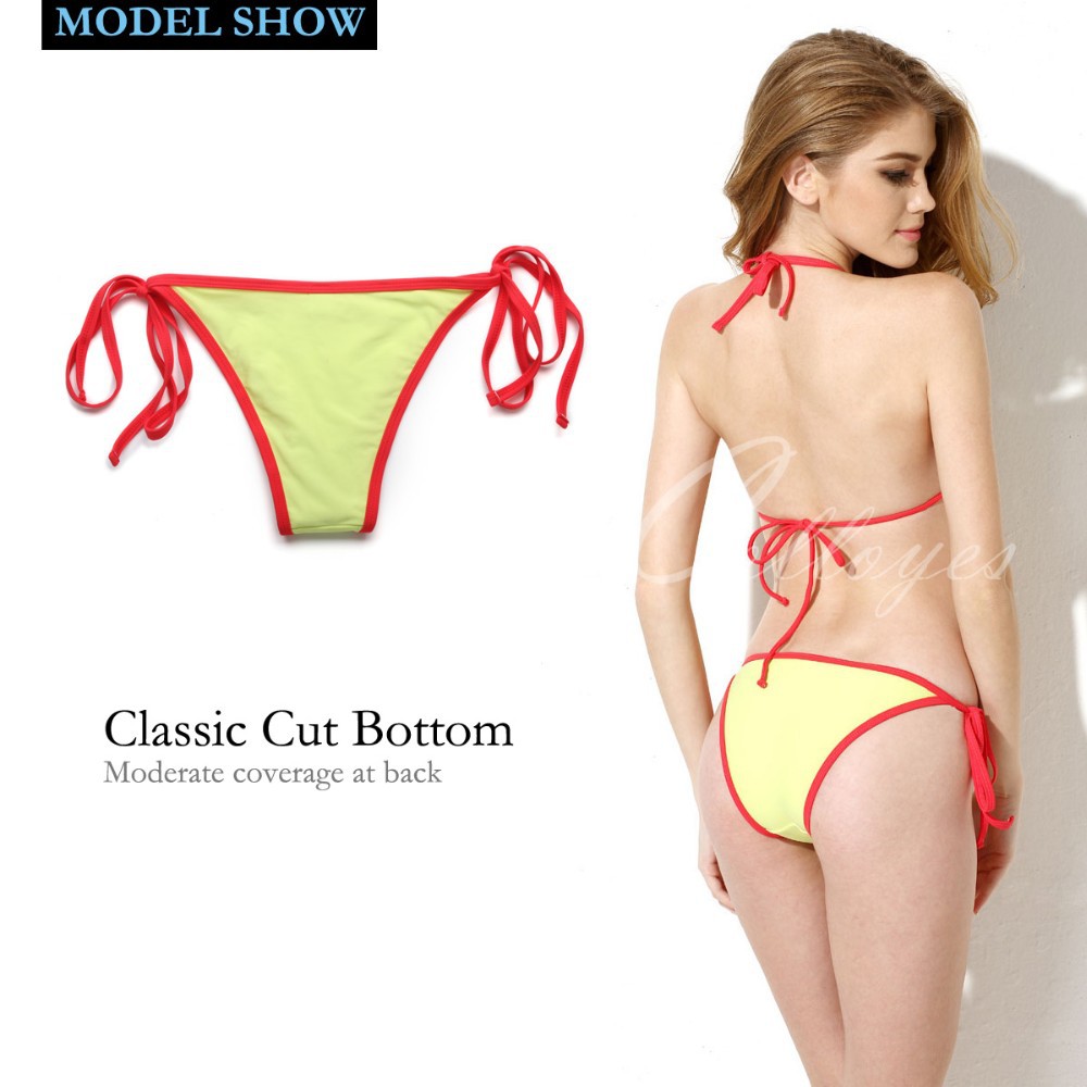 CA151004-308 Colloyes Sexy Greenish Yellow + Double Red Lace Trim Triangle Top + Classic Cut Bottom Bikini Swimwear Womens Sexy Bathing Suit (5)