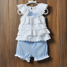 Baby Girls Cake layers of lace sleeveless tops shorts Clothes suits Blue Polka Dot Polka Dot