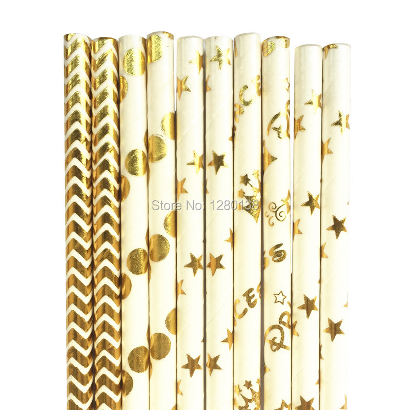 1000pcs Foil Gold/Silver Disposable Paper Party Straws-Star/Plain/Chevron/Striped Paper Straws for Pinic Bar Beverage Drinking