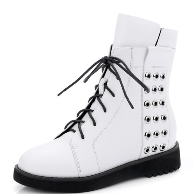Фотография 2016 Fashion Casual Motorcyle Boot With Rivets White Black Flat Heel Lace Up Woman Shoes Md High Boots Winter Autumn Shoes A301