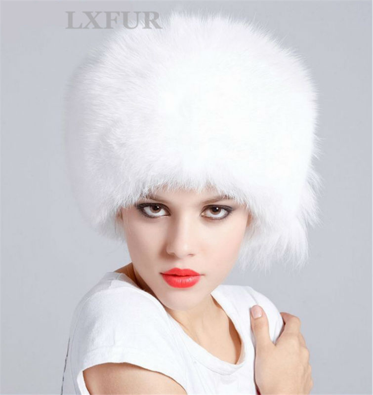 Classic Luxurious Womens Real 100% White Fox Fur Hat Ladies Genuine Fox Fur Black Hats Winter Warm Casual Caps LX00105