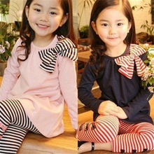 Lovely Girls Clothing Sets Long Sleeve Shirts Bow Striped Leggings Pajama Suit Sets 3-8 Y