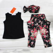 Hot Sale Baby Girls Summer Set Black Clothing Set Kids Clothes Suit Sets For Girl Floral Vest Pant Headband 3 Pcs