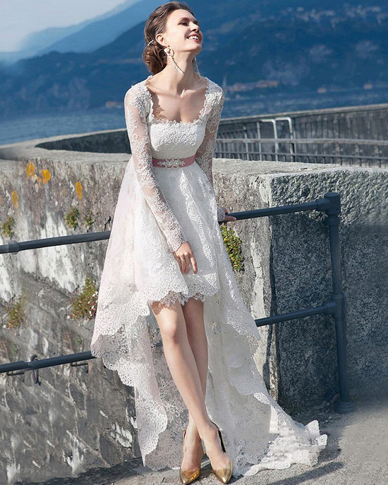 Wedding Hi Low Wedding Dress online buy wholesale high low wedding dress detachable from china vintage ivory lace long sleeve mariage 2017 dresses ribbon belt sexy