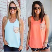 Fashion Casual 2 Colors Chiffon Sleeveless Blusas Women New Summer Tank Tops Sequins Pocket Tees Shirts With Pocket 2016 New