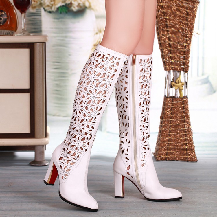 Black Flowers Hollow Diamond Thick High-heeled Boots Female 2015
