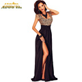 Adogirl Women Party Gold Dresses Amazing Lace Overlay Slit Short Sleeve Maxi Bodycon Gown Ladies Vintage