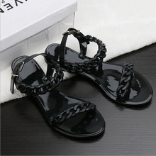 2016 Summer flip flops new plastic chain beach shoes candy color jelly sandals chain flat bottomed out sandals Shoes women