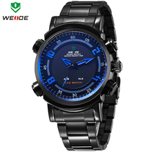 Nuevo WEIDE fecha día alarma analógico Digital LED hora Dual iluminado multiusos hombres deportes reloj de pulsera de acero inoxidable completo