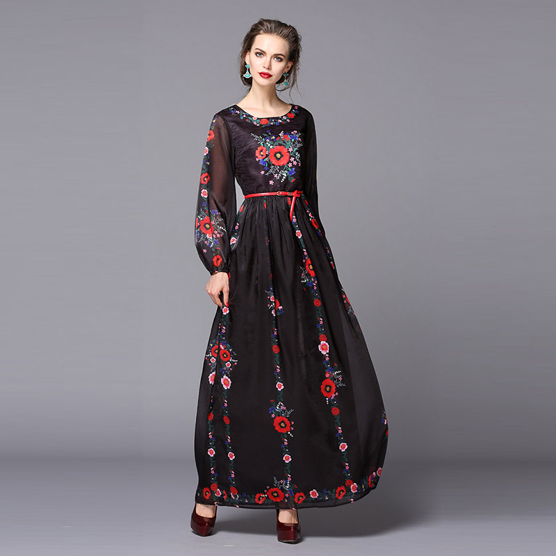 Vintage Dress 2016 Runway Brand  Spring Autumn Full Sleeve Sashes Retro Slim Print Floor-Length Black Swing Elegant Dress