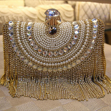 Women High Quality Rhinestone Pearl Evening Clutch Shoulder Chain Tassel Handbags Purse Wallet Wedding Party Mini Princess Bags