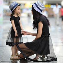2016 Summer Family Matching Outfits Black Chiffon Thin Mom and Daughter Dress Girls Dress Girls Clothing Mother and Child Dress