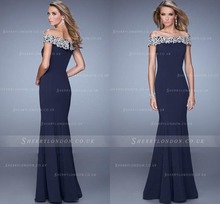2016 Boat Neck Lace Mermaid Evening Dress Off the Shoulder Floor Length Navy Blue Prom Luxury Dresses Long 711604