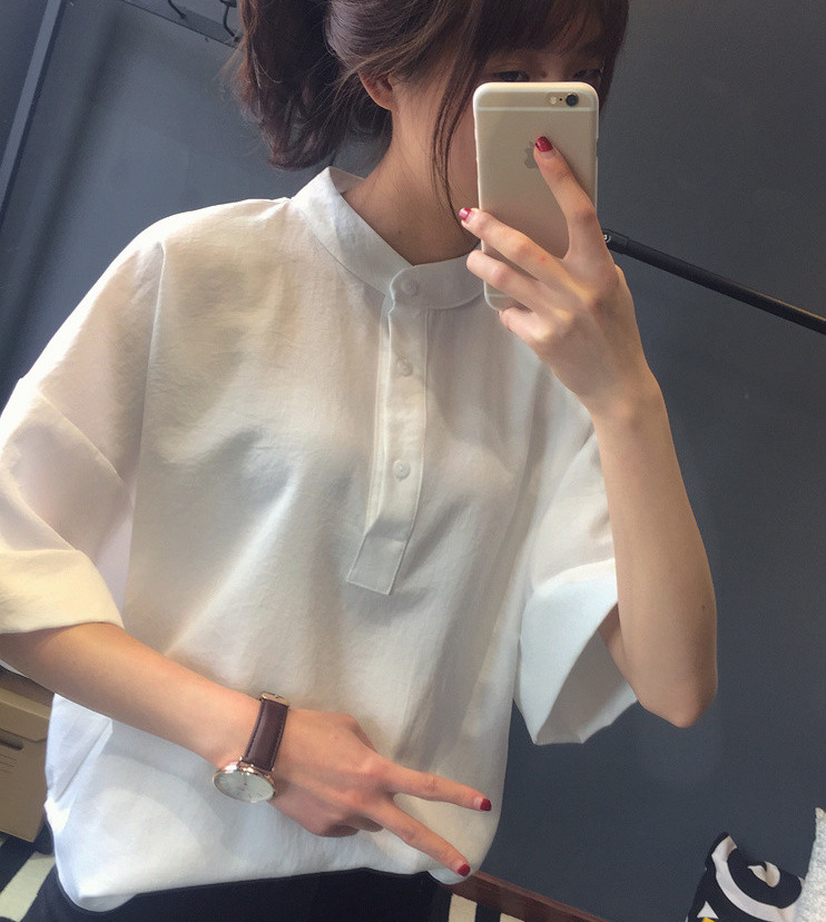 Лето стиль ретро рубашки женщины без тары тонкий хлопок воротник-стойка белый винтажный блузка рубашка qz06