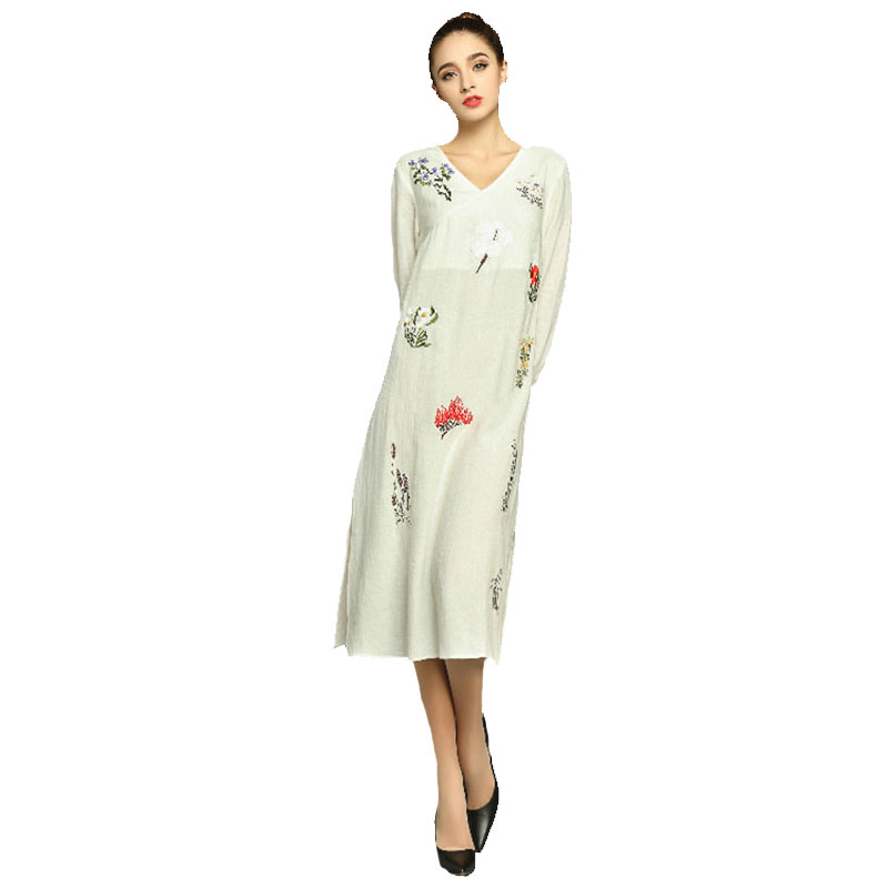 Free Shipping New Arrival Long Sleeve Linen Embroidered Straight Dress  150518ZY01