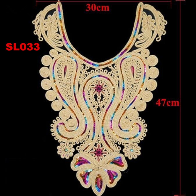 Description Picture 4 of item1pcs Gold collar Silver Craft Venise Sequins Floral Embroidered Applique Trim Decorated Lace Neckline Collars Sewing Accessories