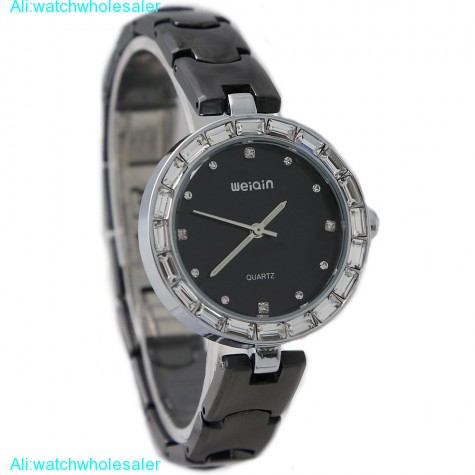 FW906A PNP Shiny Silver Watchcase Black Dial Ladies Ceramic Band Bracelet Watch