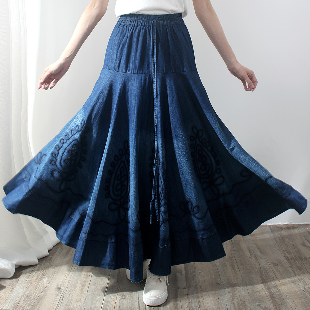 Free Shipping 2016 Vintage Long Maxi A Line Skirts Women Elastic Waist Summer And Autumn Denim 7651