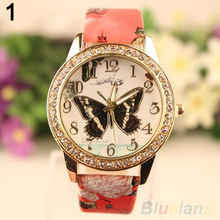 Mujeres Rhinestone de la mariposa impresa flor vestido del análogo de cuarzo reloj de pulsera