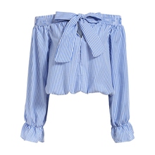 Vogue Summer Feminine Off Shoulder Tops Long Sleeve Slash Neck With Bow Vertical Striped Crop Women Blouse