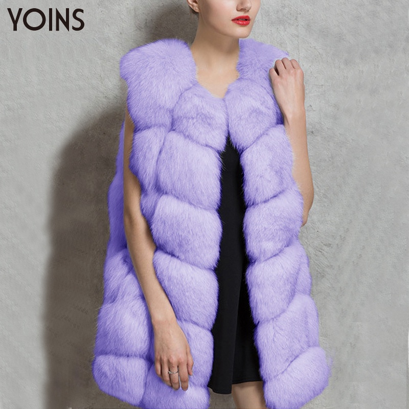 YOINS Women Fashion Sleeveless Winter Coat Faux Fox Fur Thick Vest Cappa Leisure Medium-long Padded Feminino Waistcoat 7 Colour