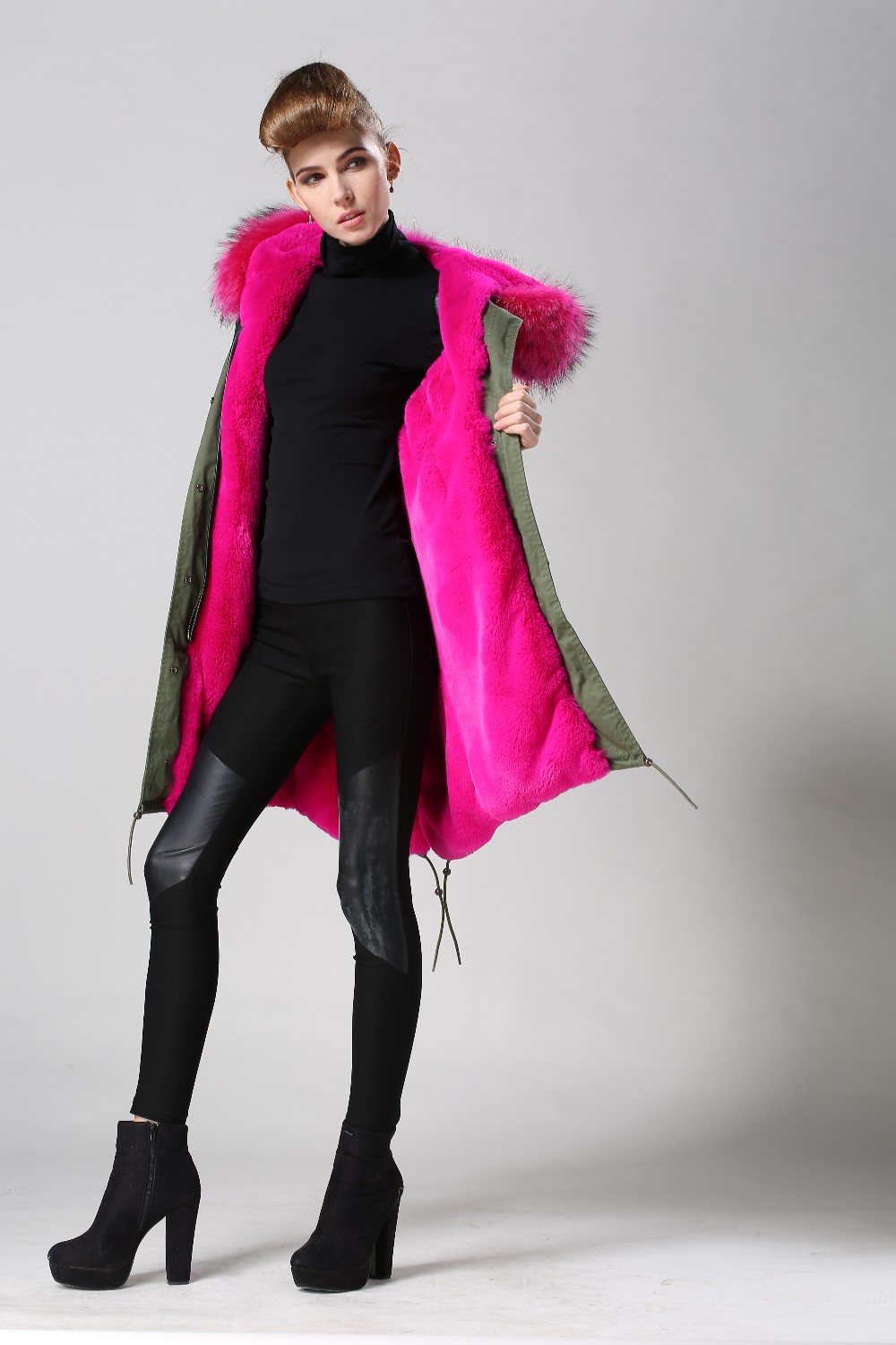2017 Top Hot pink women fashion long real raccoon dog collar jacket,warm winter army green fur ...