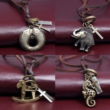 Fashion Genuine Leather Necklaces Pendant Zinc Alloy Elephant/Hippocampus/Carp/Trojan Shape Necklaces Trendy Personality Jewelry
