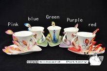 Free shipping Porcelain enamel Peacock coffee cup Set peacock Saucer Spoon Creative gifts Art Pottery blue 01