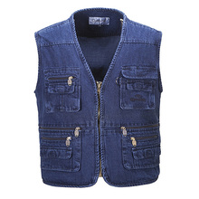 2015 Autumn Men’s Jean Vest Outdoor Sleeveless Denim Jacket Vest Casual Multi-Pockets Waistcoat Jeans Vests Plus Size 4XL 5XL