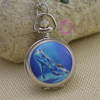 blue Cinderella crystal shoe pocket watch necklace girl ladies good quality lady kid women silver