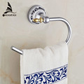 Blue White Porcelain Solid Brass Gold Finished Round Towel Ring ceramic base Bathroom Accessories Towel Holder