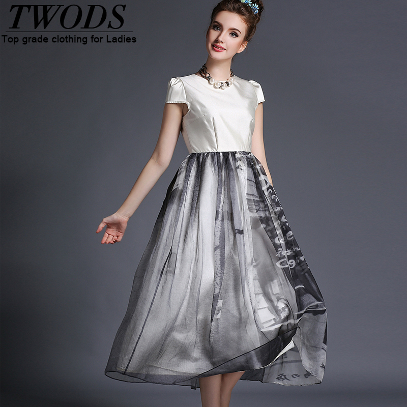 Twods 2015 new organza vintage print women summer dress slim brand designer maxi dress party dress o neck long long dress 8L