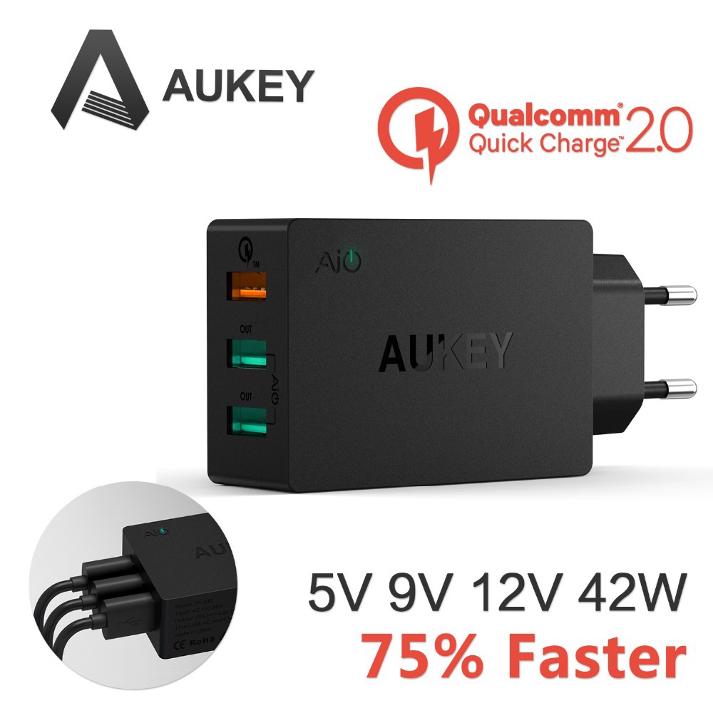 Aukey Quick Charge 2.0 42W 3 Ports Wall Travel Charger 2 Port 5V/2.4A + 1 Port Quick Charge 2.0 for Galaxy S6 6/S6 Edge and more