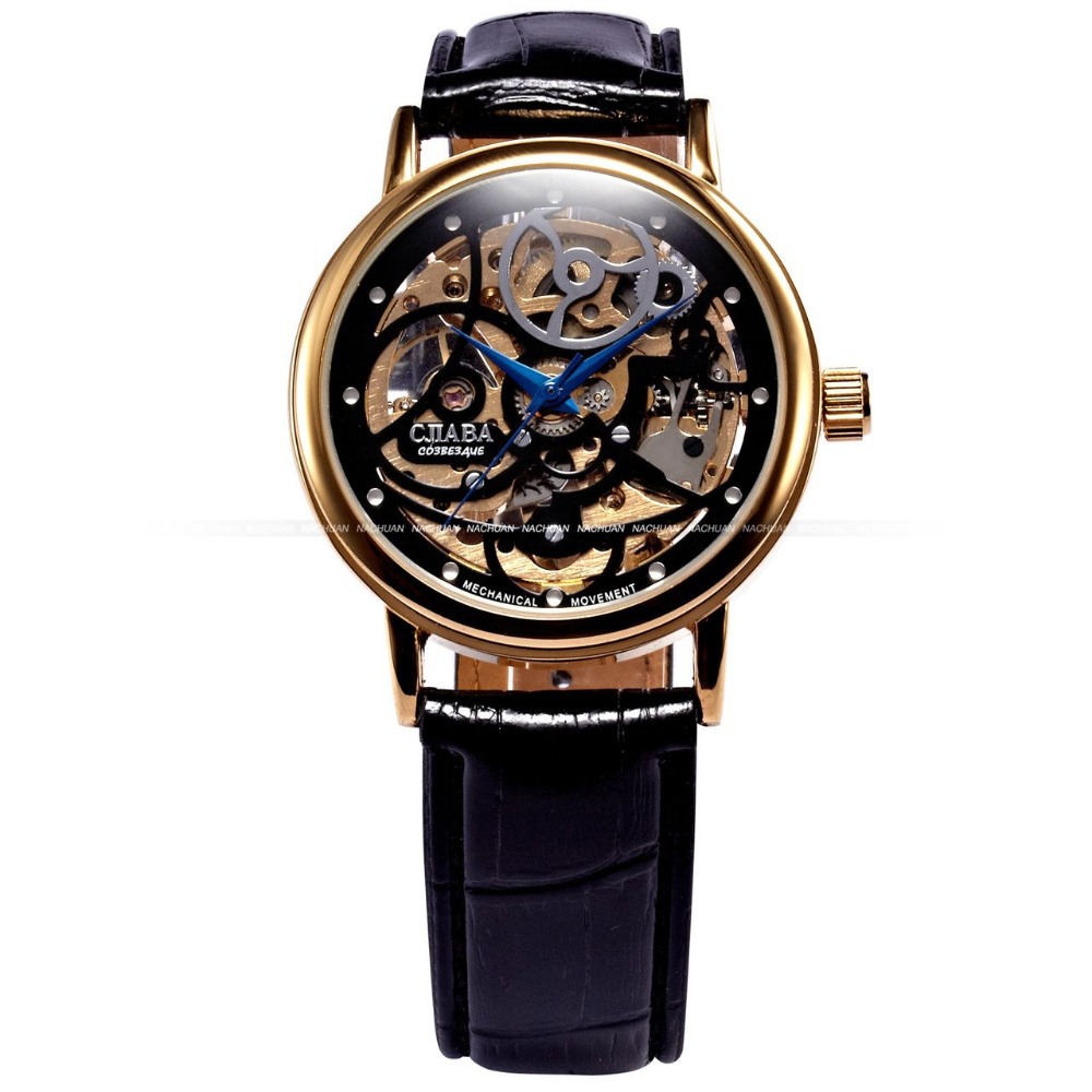 2015 New Black Skeleton Dial Genuine Leather Band Analog Golden Stainless Steel Case Hand Winding Mechanical