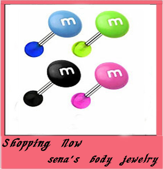 Letter M tongue barbell ring  free shipping mix 8colors  200pcs/lot body piercing jewelry acrylic tongue barbell ring