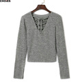 Beige and Gray Lattice Lace Up Front Long Sleeve V Neck T shirt 2016 Spring Autumn
