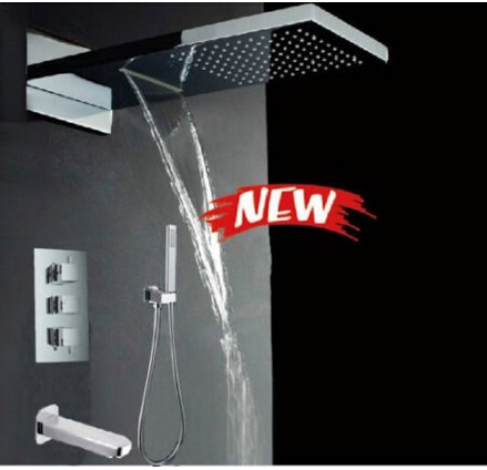 Thermostatic Chrome Square Rain Waterfall Bathroom Shower Faucet Bathtub Mixer Tap