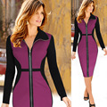 2016 Women Spring Dress Elegant Full Zipper Office Dress Long Sleeve Knee Length Patchwork Bodycon Party