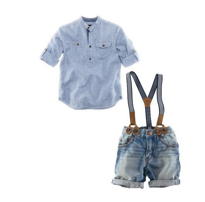 Wholesale -Summer children clothing baby outfits set Striped Shirt +Suspenders Denim Jeans Pants Children's Two Piece Set 6s/l