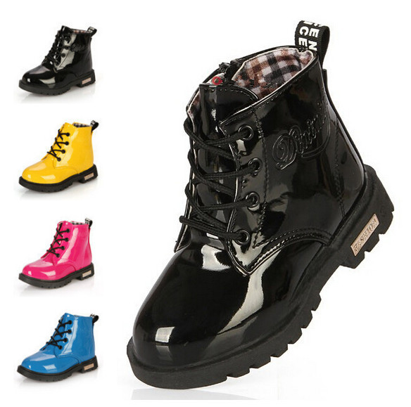 New 2015 Spring Children PU leather Martin boots Kids Boys Girls shoes Classic Patent leather Snow