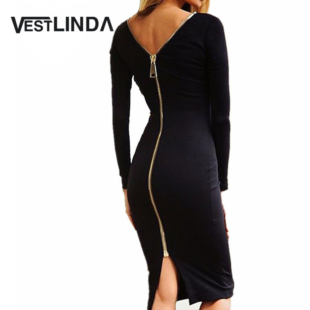 VESTLINDA Bodycon Sheath Dress Little Black Long Sleeve Party Dresses Women Back Full Zipper Robe Sexy Femme Pencil Tight Dress 1