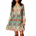 Trendy Women Spring Dress O neck Print Long Sleeve Loose Vintage Tunic Dresses vestidos