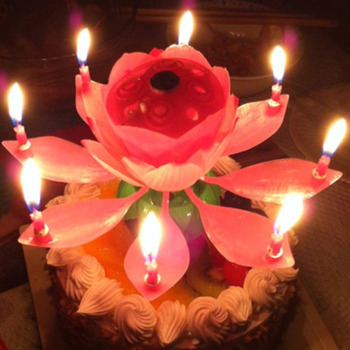 Новые музыкальные спин цветок ну вечеринку подарка вращающегося спарклер торт топпер день рождения свечи красивая музыка цвести цветок лотоса свечи