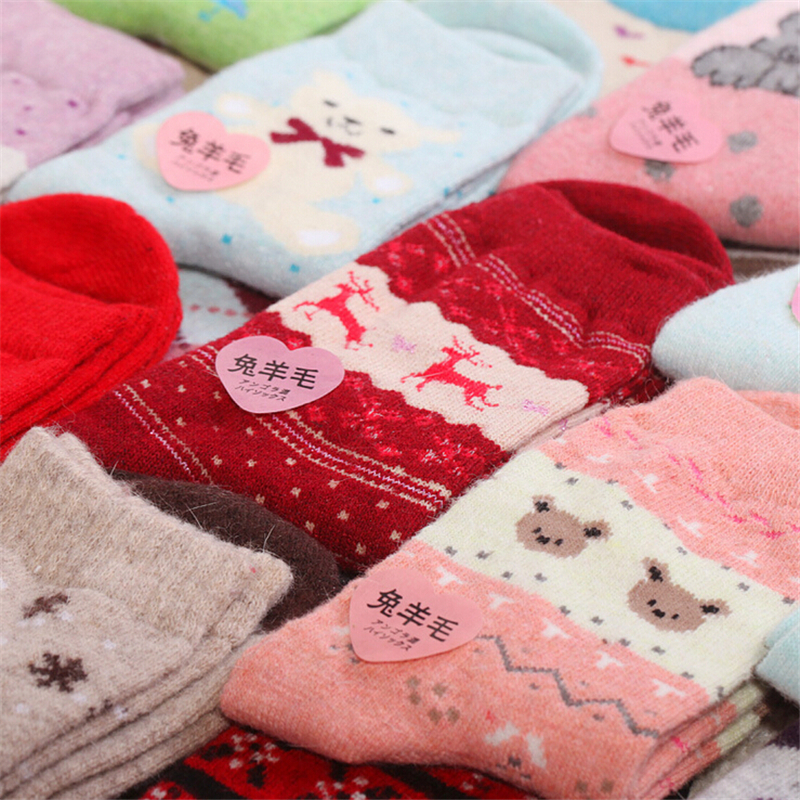 5pairs lot 2015 Winter Womens Rabbit Wool Socks Female Thermal Thickening Snowflake Warm Long Cotton Socks