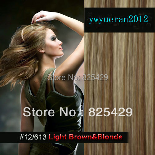 Фотография 20" 22"24"26" 28" 30"32" 10pcs 160g DELUXE THICK full head 100% human remy hair extension clip in/on #12/613 mix brown &Blonde