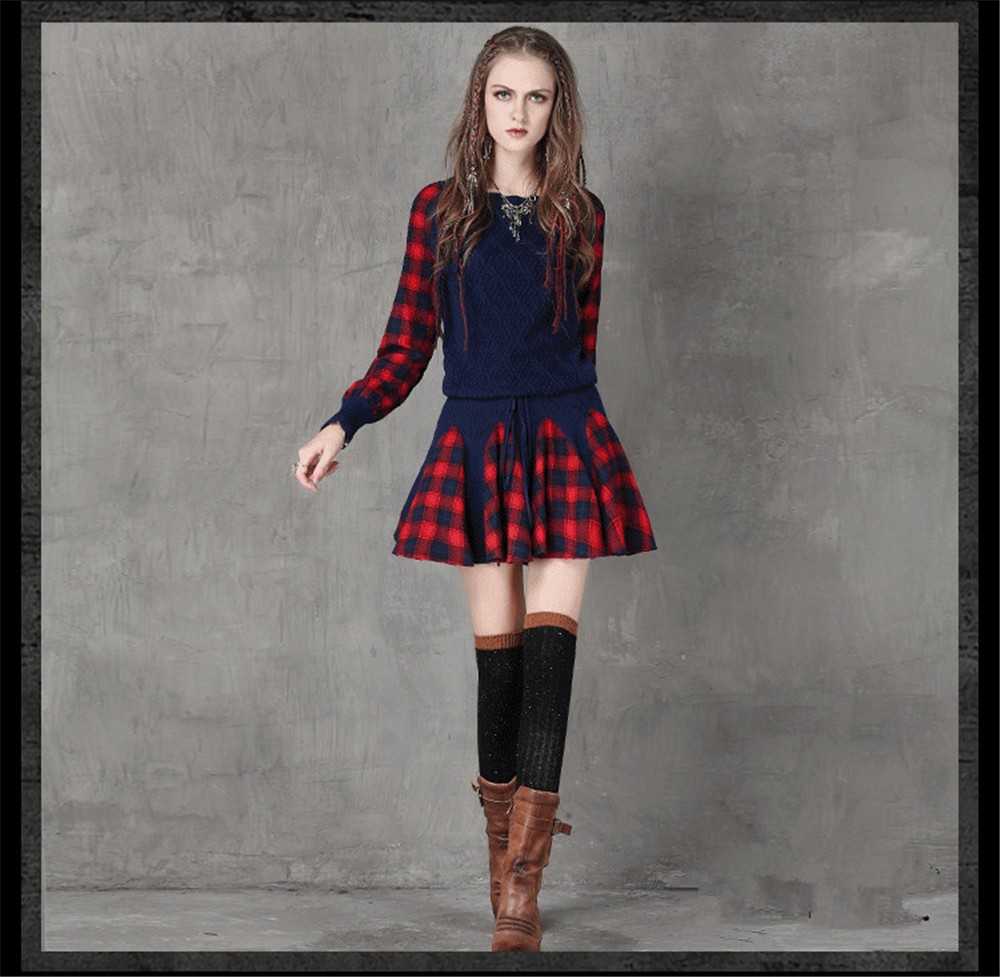 Vintage Wool WINTER DRESS 2016 Casual Knitting Long Sleeve Women Dress Plaid Sashes Patchwork Sweater Dress Woman O-neck Vestido (10)