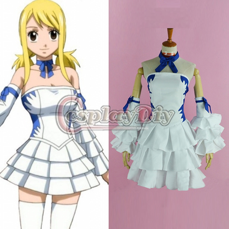 Free Shipping Custom Made Fairy Tail Cosplay Lucy Heartfilia White Dress Costume